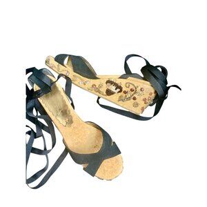 Vintage Beverly Freedman Handmade Embroidered Cork Wedge Sandals With Black Ribb